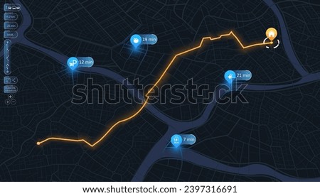 Abstract lines geometric shapes, location tracks dashboard. Navigation pin. Isometric map background. Transportation, roads. Digital art. Editable vector illustration. High-quality customizable