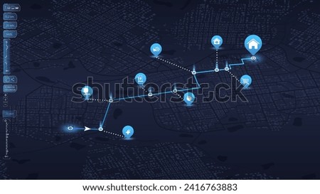 City map featuring directional signs, an intended goal point, and multiple markers. An abstract navigation plan highlights POI including city streets, blocks. Editable vector illustration