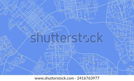 Top, aerial or bird's eye view of modern city. Abstract navigation plan of huge urban area. Generic city map with signs of streets, roads, house. Colored flat, editable vector illustration