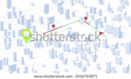 Navigation to poi. Closed turns of the route., district, road. Simple 3d isometric city. Location tracks dashboard. Generic city map with signs of streets, roads, house. Vector illustration