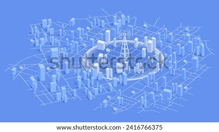 The Signal tower of 5G, 6G. Cell towers signal on abstract isometric 3d cityscape. Networks to distribute fast signals on area. Wireless network communication on map of city. Vector illustration.