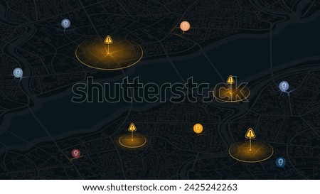 Highway disruptions. Accident road. Closed turns of the route, road. Traffic detours on isometric map. Location tracks dashboard. Generic city map with signs of streets. Vector illustration