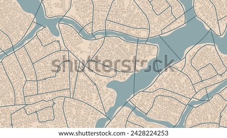 Generic city map with signs of streets, roads, house. Abstract navigation plan of urban area. Simple scheme of city. Colored flat, editable vector illustration