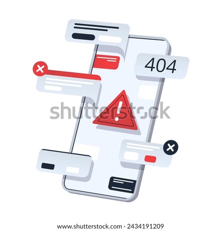 Danger alert, dangerous warning concept. Smartphone with error information, mobile virus. Fake web-site, online fraud, malware in internet. Flat vector illustration isolated on white background