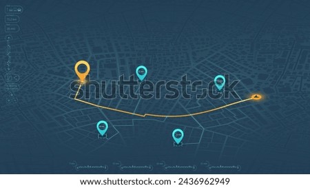 An abstract navigation plan highlights POI including city streets, blocks. City map featuring directional signs, an intended goal point and multiple markers. Editable vector illustration