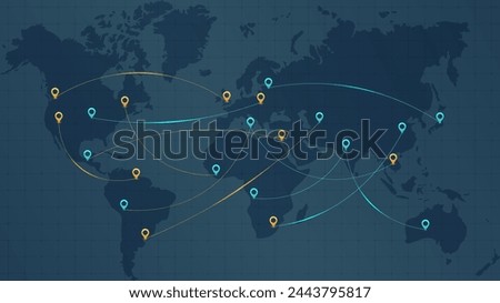 Travel all over the world. Map of the world with various countries and cities marked with blue and yellow pins. Lines represent relocate around the world. Vector illustration