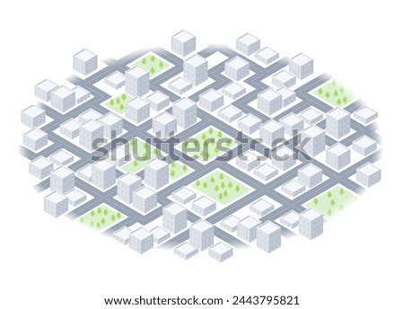 Cityscape, featuring numerous buildings and trees. 3D buildings of various sizes in city. Vector illustration on white background