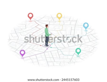 Tourist traveling using his smartphone to favorite places on map. Isometric gps navigation concept. City map route navigation smartphone, phone point markers. Vector illustration on white background
