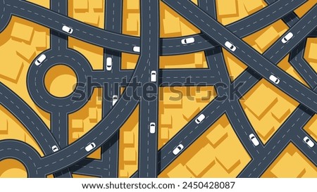 Traffic intersection from top view with cars. Concept vehicle with road and crossroad. Generic city map with signs of streets, roads. Abstract navigation plan of small urban area. Vector illustration