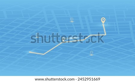 An abstract navigation plan highlights POI including city streets, blocks. City map featuring directional signs, an intended goal point and multiple markers. Editable vector illustration