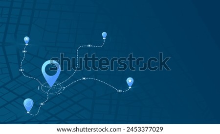 Multiple markers. An abstract navigation plan highlights POI including city streets, blocks. Editable vector illustration