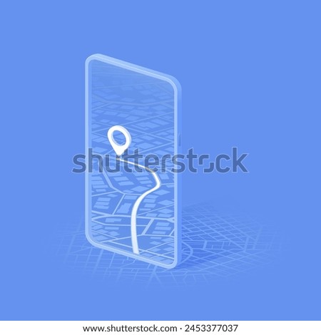 Online mobile application includes smartphone, road on the screen. Location with GPS map. Vector illustration with city map background