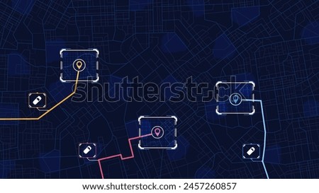 Navigation to poi. Online digital service for vehicle with location search. Generic city map with signs of streets, roads. Vector illustration, map background