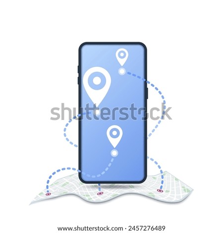 Location with GPS map. Smartphone with pins marker on paper map of city with parks, roads and small pins of another goals. Vector illustration on white background