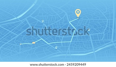 Multiple markers indicating various routes, including the shortest path option. Isometric city map with designated destination. Abstract navigation of city streets and neighborhoods. Vector