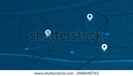 Multiple markers indicating various routes, including the shortest path option. Isometric city map with designated destination. Abstract navigation of city streets and neighborhoods. Vector