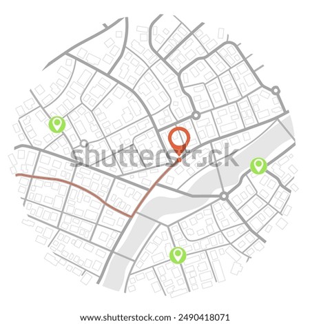 Abstract generic city map with roads, buildings, parks and river. City map with red route to Marker pin and other POI. Vector illustration