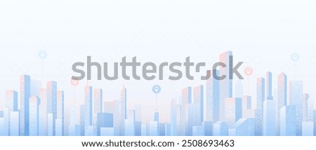 City panorama with series of modern, tall skyscrapers. Abstract horizontal background cityscape with POIs top on it. Buildings of business district. Vector illustration