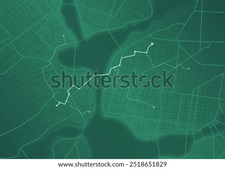 An abstract navigation plan highlights POI including city streets, blocks. City map featuring directional signs, an intended goal point and multiple markers. Editable vector illustration