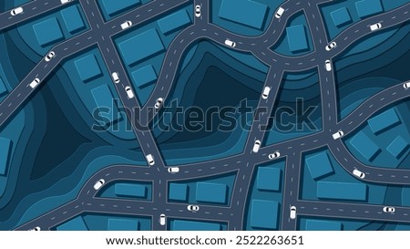 Traffic intersection from top view with cars. Concept vehicle with road and crossroad. Generic city map with signs of streets, roads. Abstract navigation plan of small urban area. Vector illustration