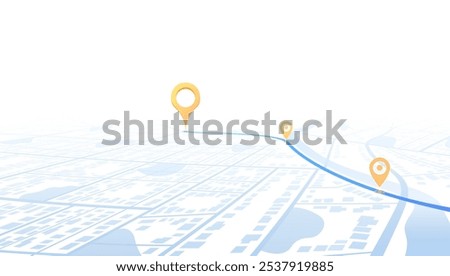 GPS navigation to pins and multiple markers on route. City map featuring directional signs, an intended goal point. Abstract plan highlights POI city streets. Vector illustration with designated route