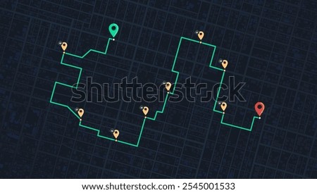 GPS navigation to pins and multiple markers on route. City map featuring directional signs, an intended goal point. Abstract plan highlights POI city streets. Vector illustration with designated route