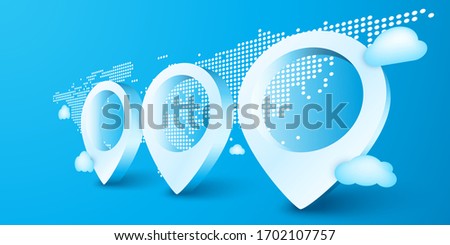 Infographics bank space tree pin icon checking on world map background. Locator position point. 3d perspective vector illustration