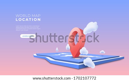 Navigator pin location checking on world map background. Locator position point. 3d perspective vector illustration
