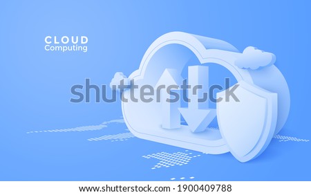 3D Cloud computing upload and download data online service. Digital security technology background. Vector art illustration