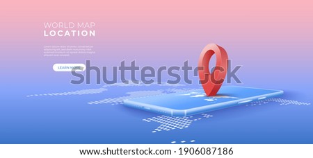 Navigator 3D pin location checking on world map background. Locator position point with mobile phone. Vector art illustration