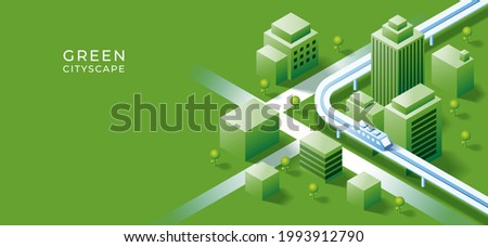 3D isometric building on urban city  background. Green and sustainability with smart city concept. Vector art illustration 商業照片 © 