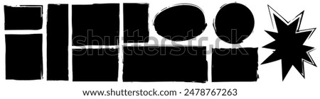 Set of grunge jagged rectangles of black brush-painted paper sheet for sticker, collage, banner. Vector illustration isolated on white background.