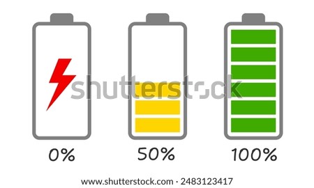 Battery charge indicator icons. Phone charge level, color collection of charge power. Discharged and fully charged battery. Battery charge from high to low.