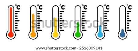 Set of colored thermometers. Temperature gradation. Isolated on transparent background. Vector graphics.