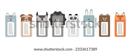 Vector multiplication table. Children's design. Printable bookmarks or stickers with cute animals (car, dog, owl, hedgehog, panda, rabbit, bear, fox). Vector illustration