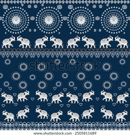 Elephant seamless tribal with dark blue backgroundpattern.ethnic Indian elephant pattern.Design for elephants pants factory ,wallpapers background clothing, batik saree, wrapping and other designs.