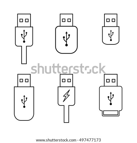 usb flash drive outline icons set on white background, thin line