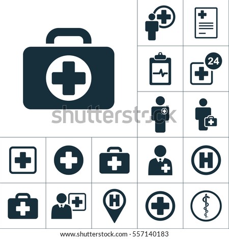 briefcase icon, medical signs set on white background