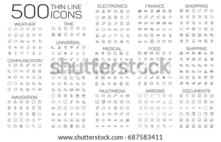 500 thin line icons set of medical, multimedia, finance, food, arrows, shopping, shipping, documents, weather and navigation