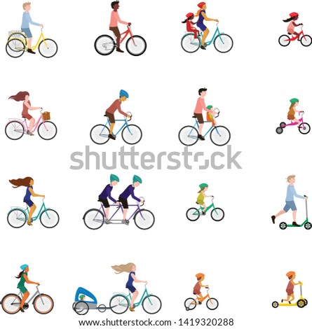 Vector illustrations of people on bicycle, child bike seat and kick scooter