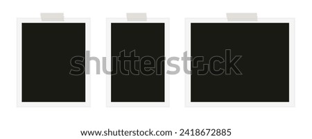 Photo frame with sticky tape on gray background. Template, blank for photo. Vector illustration