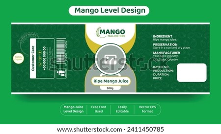 Organic food brand mango juice level design for botol, jar or box pakaging also use any food or product leveling with fresh green color backdrop and seamless pattern vector illustration.