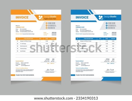Business corporate creative invoice template,print ready invoice template.Editable Modern Abstract Creative Professional Invoice template with 2 color