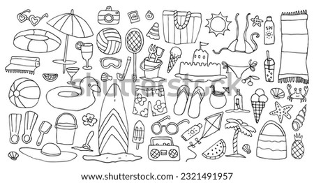 Vector beach activity doodle set, isolated on white, outline colouring book page, summer vacation accessory collection