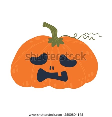 A cute, orange Halloween pumpkin with a sad, carved face featuring droopy eyes and a frown. The green stem and curly vine add a touch of character to this festive design.