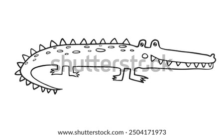 Playful black and white outline of a crocodile with visible spikes along its back. This friendly-looking crocodile is ideal for children's coloring books, educational materials, jungle-themed design.