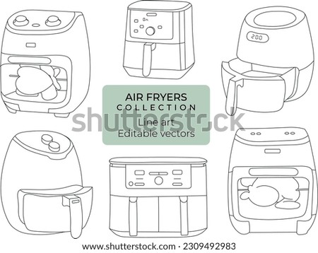 Set of hand drawn editable vector line art illustrations of air fryers	