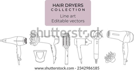	
Set of hand drawn hair dryers, editable vector line art illustrations of hair dryers and blow-dryer	