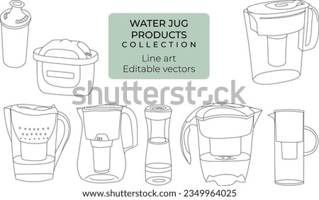Water filter jug illustration line drawing Brita jug and water filter editable vector collection