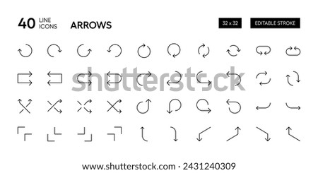 Arrows vector icon. Editable stroke outline arrow icon collection. Arrows rotating, refresh, reload, return, shuffle, direction.